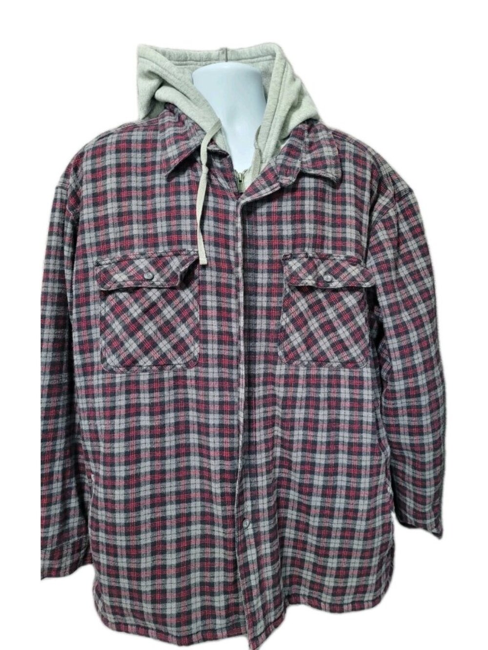 Gravel Gear‎ Sherpa Lined Hooded Flannel Shirt Jacket Red Gray Plaid Pockets 2XL